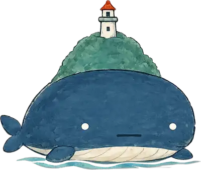 アオ(背中に小さな灯台と島を乗せたクジラのキャラクター)が真顔でこちらを見ている